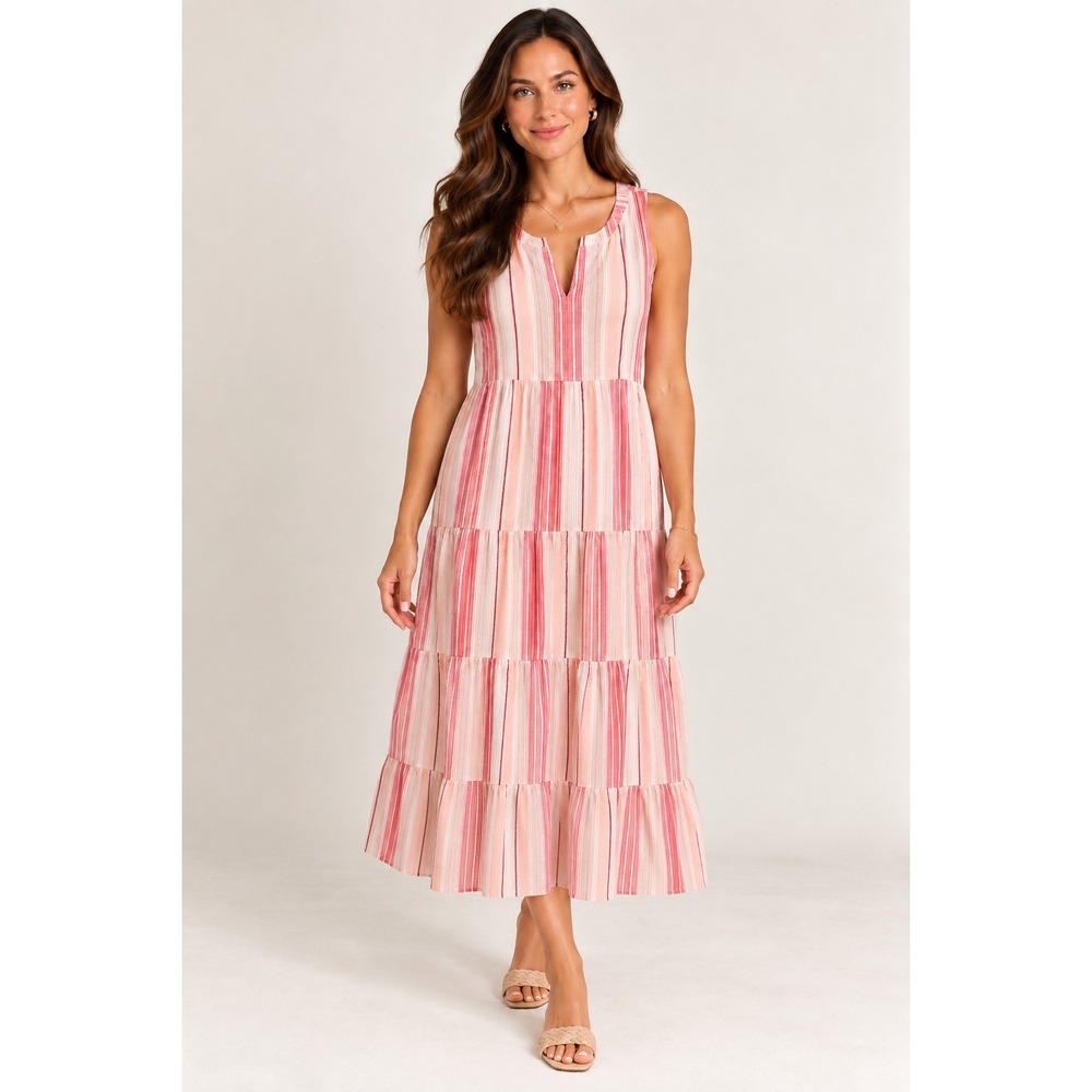 J. Jill Pink Orange Striped Tiered Cotton Midi Dress Boho Minimalist Medium